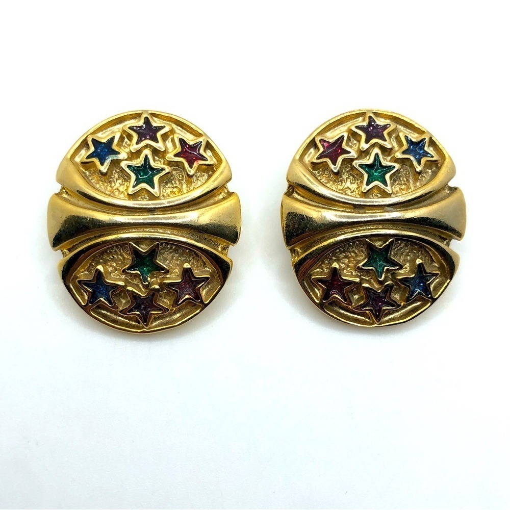 Vtg Gold Tone Enamel Star Oval Shaped Clip On Earrings Unmarked 1.2” x .5”